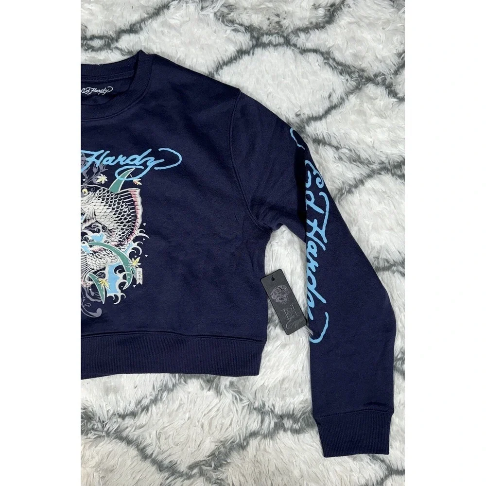 ED HARDY Koi Fish Cropped Pullover Sweater Fleece Navy Eclipse Womens Sz L *NEW*